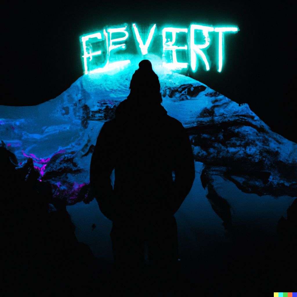 someone gazing at Mount Everest, neon art